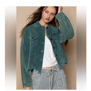POL Teal Green Mineral wash Corduroy Raw Hem Trucker Jacket Relaxed Fit Lrg New